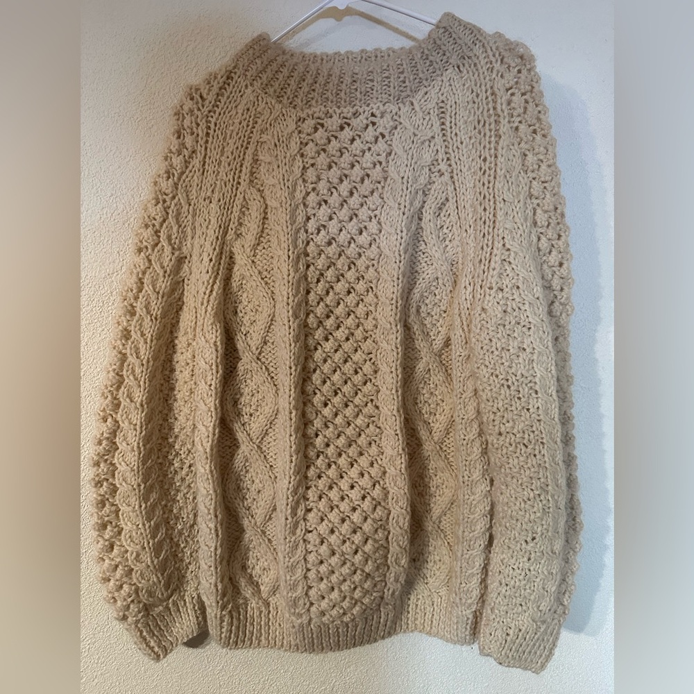 Grigoropoulos Bros Sweater Men Cream Wool Cable Hand Knit Fisherman Vintage L